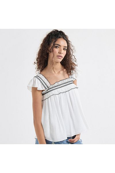 FAV Textured Square Neck Top with Cap Sleeves and Ruffle Detail