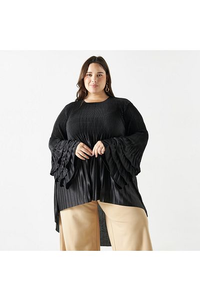 2Xtremz Pleated Top with Flared Layered Sleeves and Round Neck