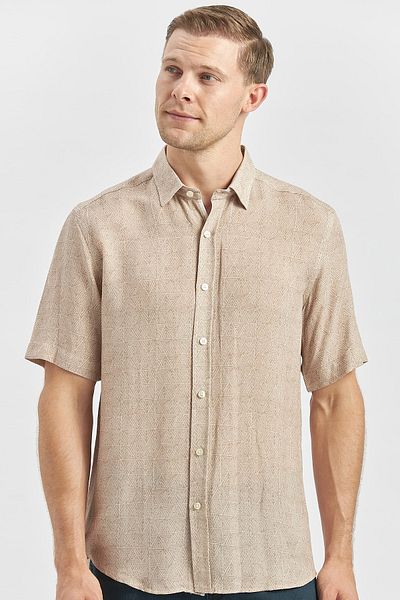 İmza Μπεζ λινό Slim Fit πουκάμισο - κοντό μανίκι, γιακά με κουμπιά, σωλήνωση 1004240242