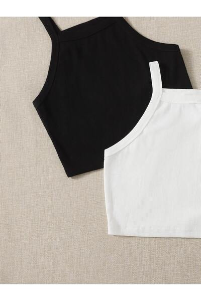 Liona Pack of 2 Flat Collar Black White Color Patternless Ribbed Sleeveless Strap Lycra Fit Sports Bustier