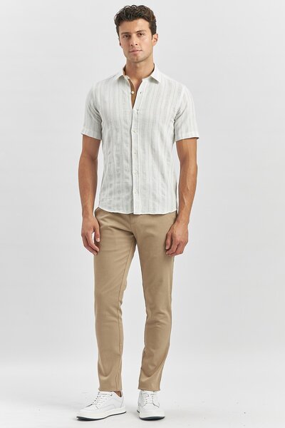 İmza Μπεζ Slim Fit Casual πουκάμισο - κοντό μανίκι, ριγέ, Dobby, βαμβακερό 1004240245