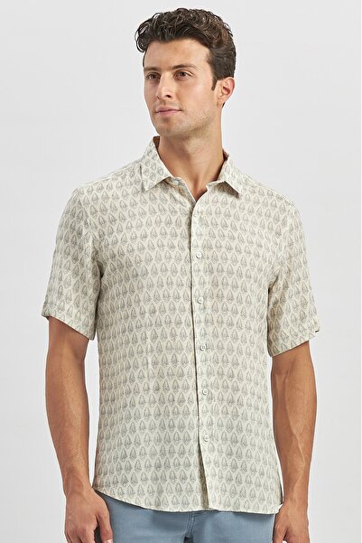 İmza Темно-синя лляна сорочка - короткий рукав, комір з друкованими ґудзиками, повсякденний slim fit 1004240241