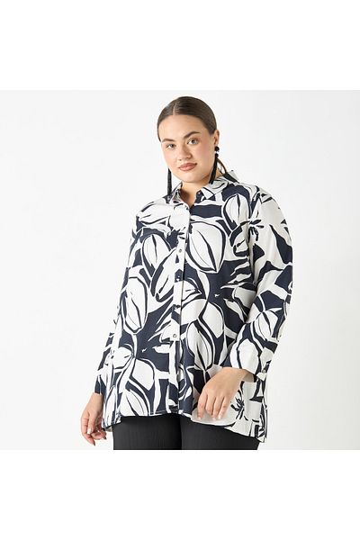 Ulla Popken Plus Size Ulla Popken All-Over Floral Print Shirt with Long Sleeves
