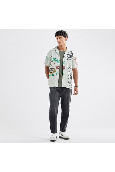 FAV All-Over Graphic Print Shirt with Camp Collar and Short Sleeves