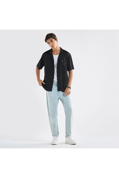 FAV Relaxed Fit Dragon Print Shirt with Camp Collar and Short Sleeves