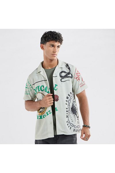 FAV All-Over Graphic Print Shirt with Camp Collar and Short Sleeves