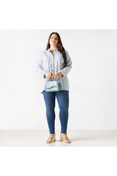 Ulla Popken Plus Size Ulla Popken All-Over Print Shirt with Long Sleeves