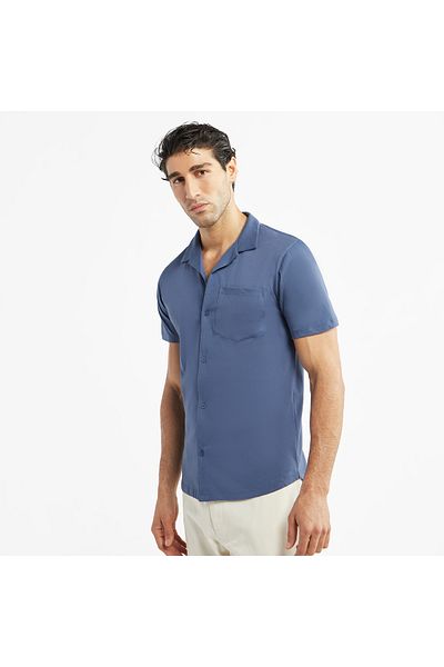 FAV Solid Camp Collar Shirt with Short Sleeves and Pocket
