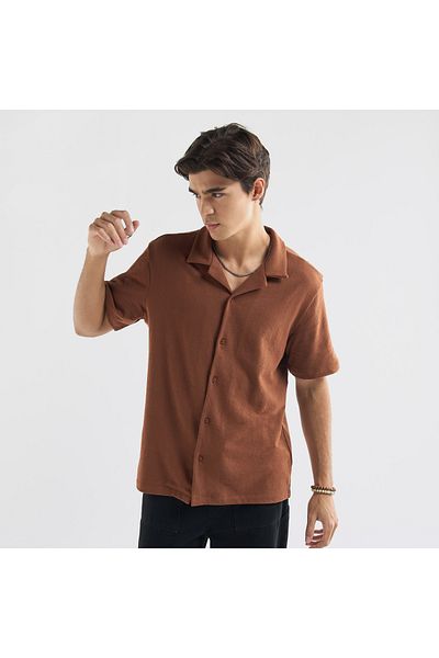 FAV Textured Camp Collar Shirt with Short Sleeves