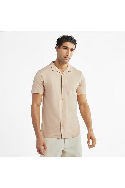 FAV Solid Camp Collar Shirt with Short Sleeves and Pocket