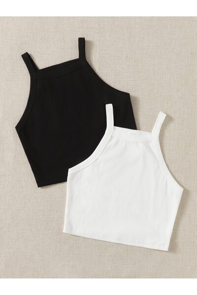 Liona Pack of 2 Flat Collar Black White Color Patternless Ribbed Sleeveless Strap Lycra Fit Sports Bustier