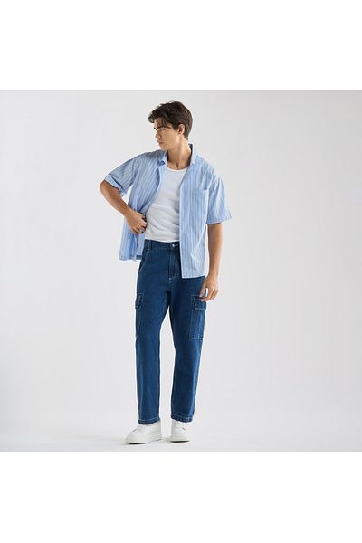 FAV Regular Fit Striped Shirt with Camp Collar and Short Sleeves