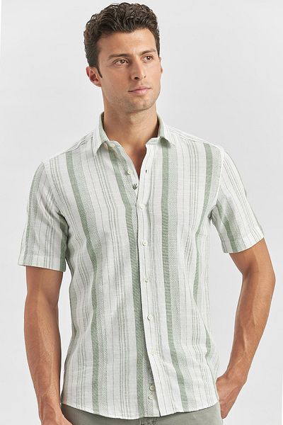 İmza Πουκάμισο Dobby Slim Fit με σκούρο πράσινο ριγέ - κοντό μανίκι, βαμβακερό 1004240243