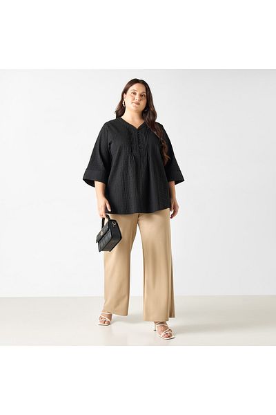 Ulla Popken Plus Size Ulla Popken Textured V-neck Top with 3/4 Sleeves
