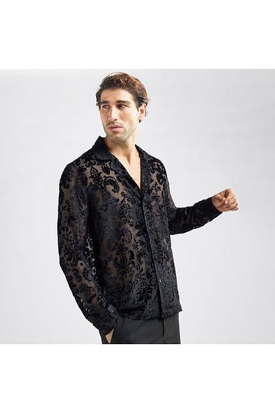 FAV Regular Fit Floral Textured Shirt with Long Sleeves and Camp Collar