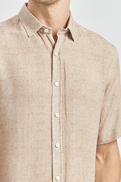 İmza Μπεζ λινό Slim Fit πουκάμισο - κοντό μανίκι, γιακά με κουμπιά, σωλήνωση 1004240242