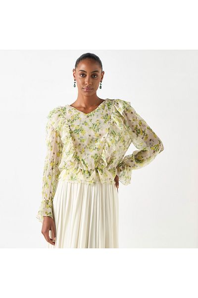 2Xtremz All-Over Floral Print Top with V-neck and Ruffle Detail