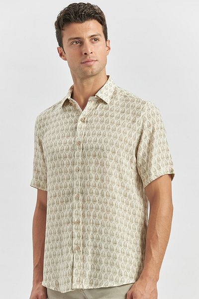 İmza Πράσινο λινό Slim Fit πουκάμισο - κοντό μανίκι, εμπριμέ κουμπιά, casual 1004240241