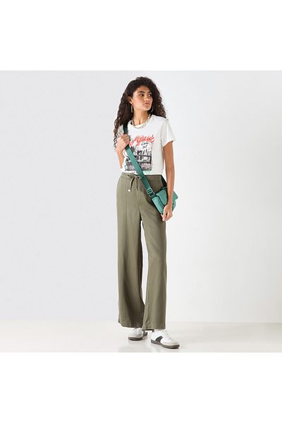 Lee Cooper Solid Wide Leg Pants with Drawstring Closure and Pockets