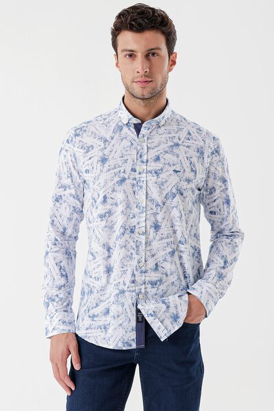 İmza Λευκό μακρυμάνικο εμπριμέ υφασμάτινο κλασικό πουκάμισο με λεπτή εφαρμογή με γαρνιτούρα χωρίς τσέπη 1004230229