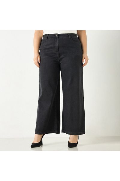 Ulla Popken Plus Size Ulla Popken Solid Wide Leg Jeans with Pockets