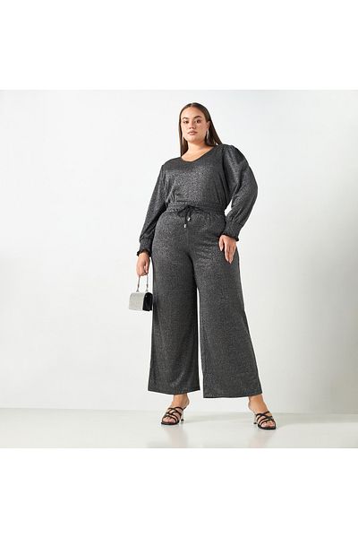 Ulla Popken Plus Size Ulla Popken Textured Pants with Drawstring Closure