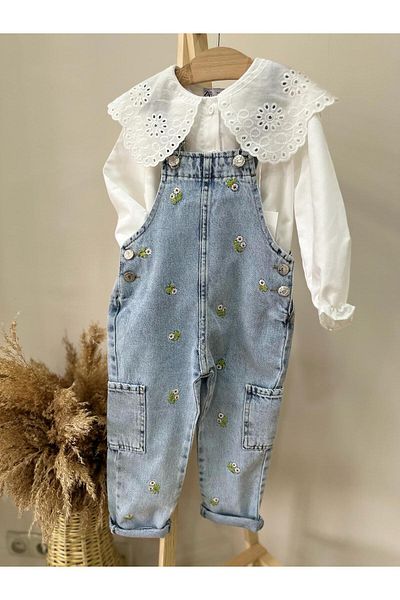 Zuzu Girl's Flower Embroidered Premium Quality Denim Salopet Gilet