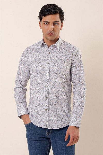 İmza Cămașă albastră cu mânecă lungă imprimată cu guler dur, fără buzunar, din bumbac, lycra, ocazională, slim fit1004230135