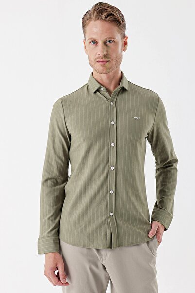 İmza Σκούρο χακί μακρυμάνικο ριγέ πλεκτό πουκάμισο χωρίς τσέπη Casual Slim Fit Slim Fit 1004235114