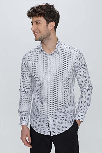 İmza Gri Uzun Kol Baskılı Sert Yaka Slim Fit Dar Kesim Klasik Gömlek 1004225130