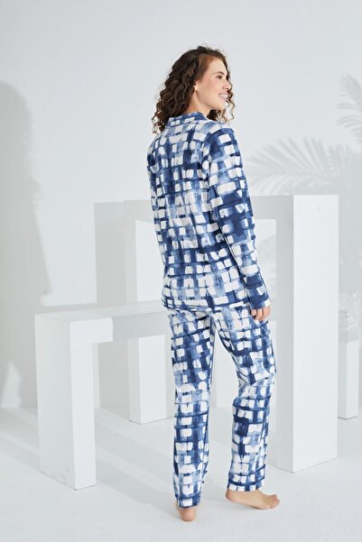 Etoile Set de pijamale de damă din bumbac cu mâneci lungi - nasturi în față, model bloc albastru