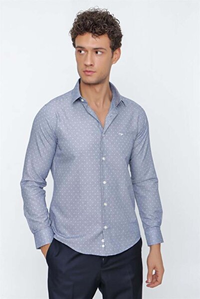 İmza Dark Navy Blue Long Sleeve Patterned Oxford Solid Collar Slim Fit Slim F...