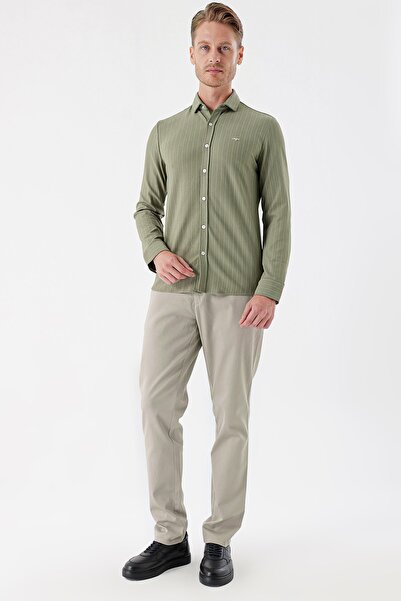 İmza Σκούρο χακί μακρυμάνικο ριγέ πλεκτό πουκάμισο χωρίς τσέπη Casual Slim Fit Slim Fit 1004235114