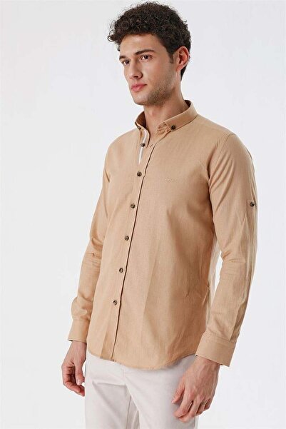 İmza Camel κοντό μανίκι χωρίς τσέπη 100% βαμβακερό πουκάμισο με λεπτή εφαρμογή 1004230179