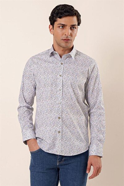 İmza Синя сорочка з довгими рукавами, жорстким коміром, без кишень, з бавовняним лікрам, у стилі casual slim fit 1004230135