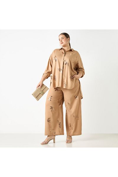 Ulla Popken Plus Size Ulla Popken All-Over Embellished Wide Leg Pants with Drawstring Closure and Pockets