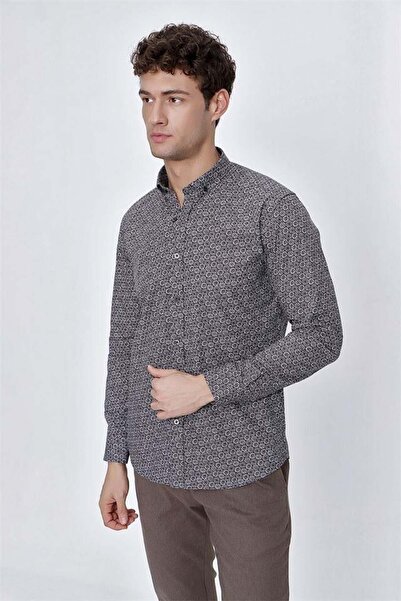 İmza Σκούρο καφέ μακρυμάνικο πουκάμισο γιακάς Classic Slim Fit Βαμβακερό πουκάμισο 1004225223