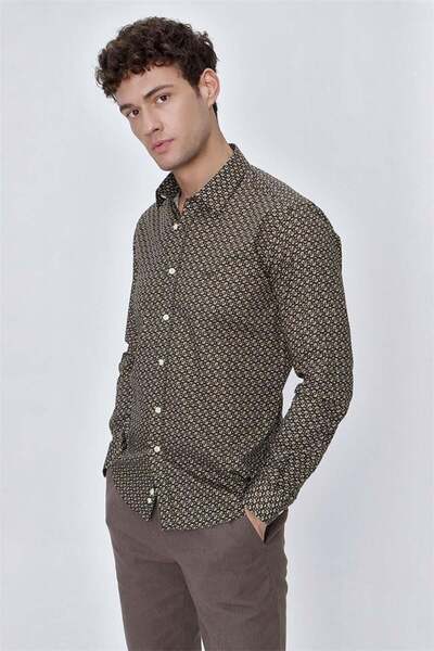 İmza Κλασικό πουκάμισο με μακρύ μανίκι σκούρο χακί με στάμπα, σκληρό γιακά, 97% βαμβάκι, λεπτή εφαρμογή, κλασικό πουκάμισο 1004225140