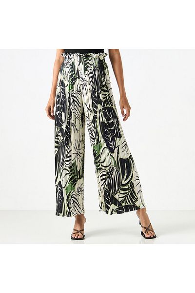 2Xtremz Printed Pleated Palazzo Pants with Elasticated Paperbag Waist