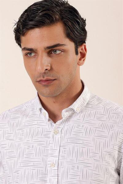 İmza Λευκό μακρυμάνικο εμπριμέ Oxford χωρίς τσέπες βαμβακερό κλασικό πουκάμισο με λεπτή εφαρμογή 1004230170