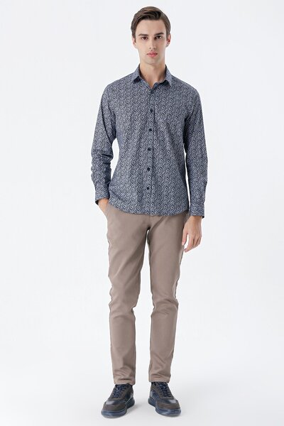 İmza Темно-синя довга сорочка з принтом без кишень з бавовняної тканини з еластаном, класичний крій Slim Fit 1004235127