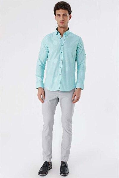 İmza Ανοιχτό πράσινο πουκάμισο με κοντό μανίκι με σχέδιο ζακάρ χωρίς τσέπες 100% βαμβάκι Casual Slim Fit πουκάμισο 1004230183