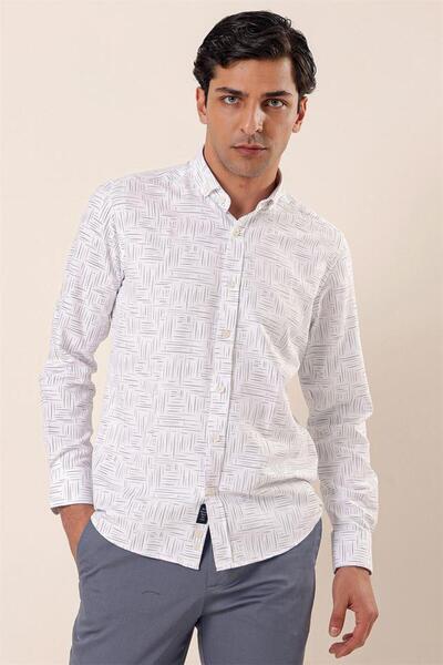 İmza Λευκό μακρυμάνικο εμπριμέ Oxford χωρίς τσέπες βαμβακερό κλασικό πουκάμισο με λεπτή εφαρμογή 1004230170