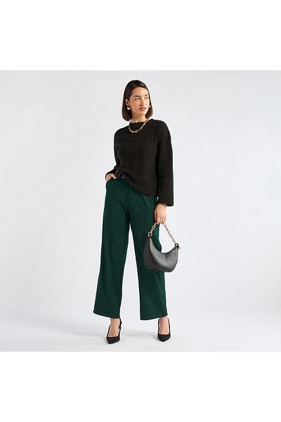 FAV Solid Belted Wide Leg Trousers with Pockets