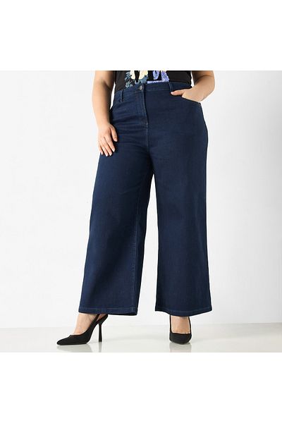 Ulla Popken Plus Size Ulla Popken Solid Wide Leg Jeans with Button Closure