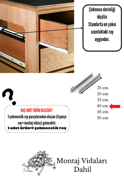 HOBİDABİ 40 Cm Klasik Kızaklı Dolap Çekmece Rayı 1 Çekmecelik (4 PARÇA KARŞILIKLI)