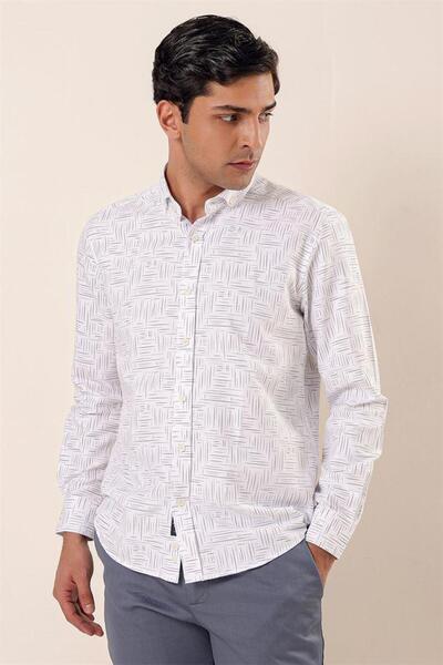 İmza Λευκό μακρυμάνικο εμπριμέ Oxford χωρίς τσέπες βαμβακερό κλασικό πουκάμισο με λεπτή εφαρμογή 1004230170