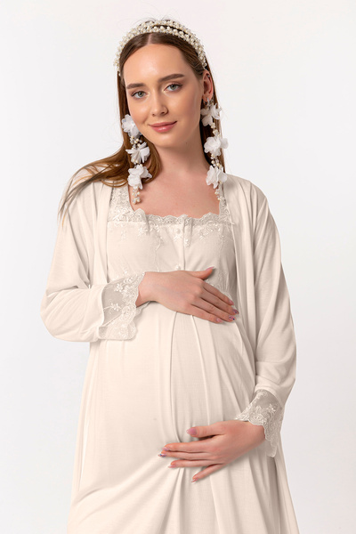 ByLohusa Effortt Kahverengi Sabahlıklı Hamile Lohusa Gecelik Takım