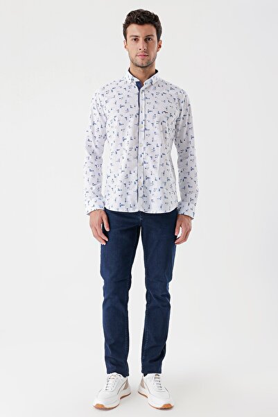 İmza Λευκό μακρυμάνικο εμπριμέ υφασμάτινο κλασικό πουκάμισο με λεπτή εφαρμογή με γαρνιτούρα χωρίς τσέπη 1004230230