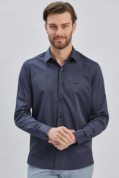 İmza Тъмносиня риза Slim Fit - дълъг ръкав, твърда яка, без джоб, памук и ликра 1004240234